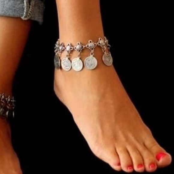 1pc Bohemian Style Flower Coin Pendant Ankle Silvery Bracelet - Picture 5 of 6